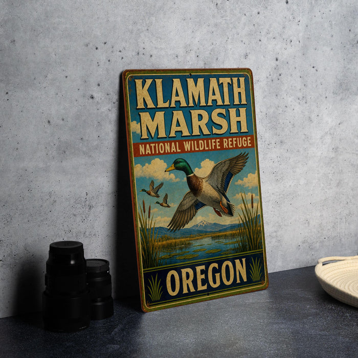 A vintage-style sign for Klath Marsh National Wildlife Refuge in Oregon, featuring a duck in flight and surrounded by tall grasses.
