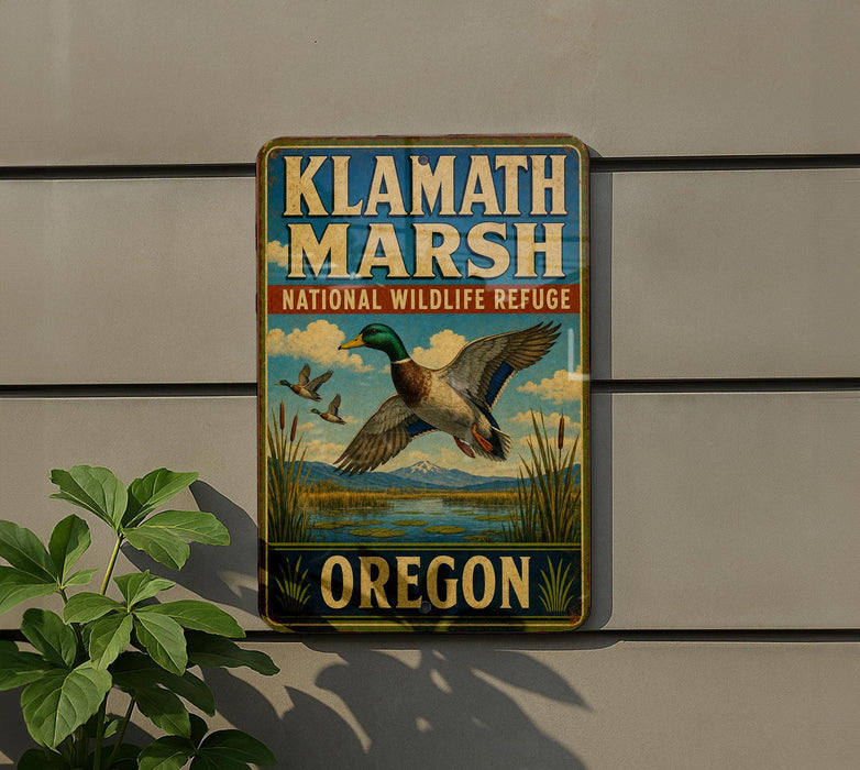 A metal sign with a bird illustration and text, mounted on a wall next to a plant.