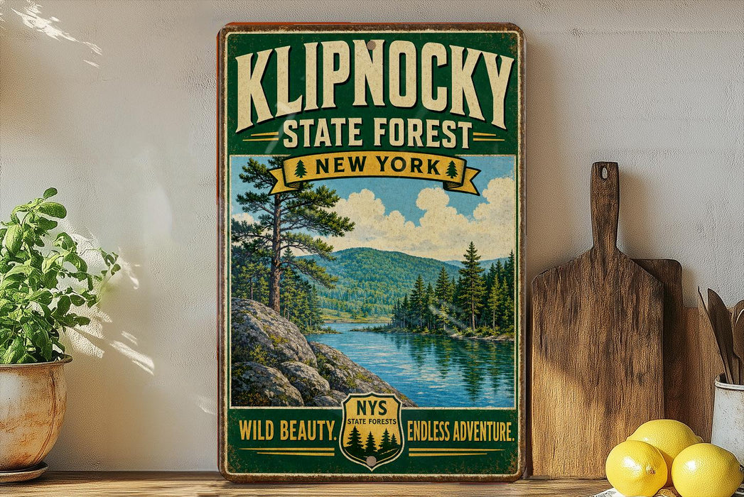 A vintage-style poster advertising Klipnocky State Forest in New York, featuring a scenic landscape with pine trees, a lake, and mountains.