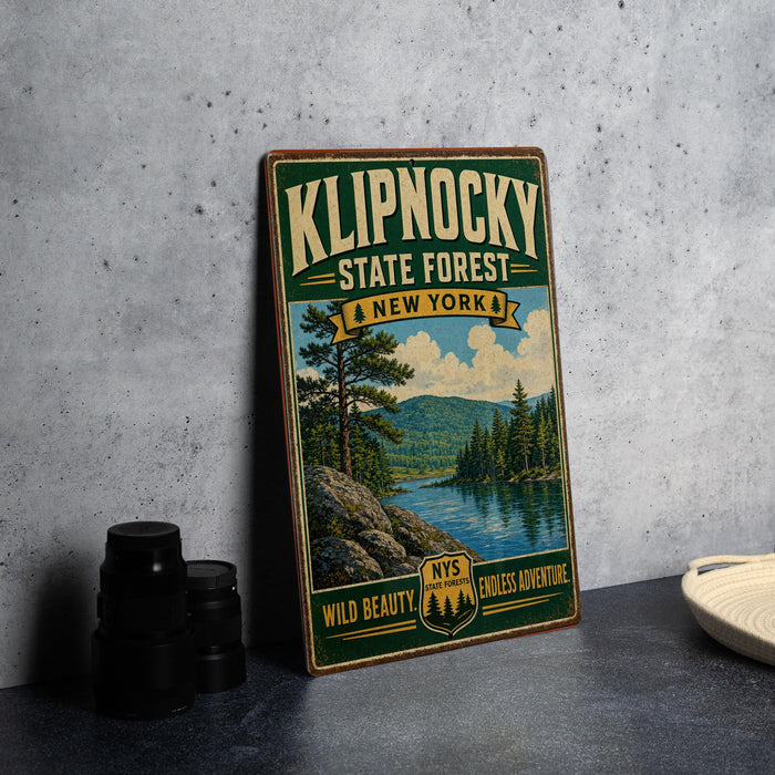 A vintage-style metal sign for Klipnocky State Forest in New York, featuring a scenic landscape with pine trees, a lake, and mountains.