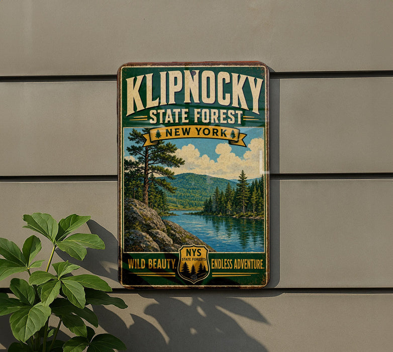 A vintage-style metal sign for Klipnocky State Forest in New York, featuring a scenic landscape with pine trees, a lake, and mountains.