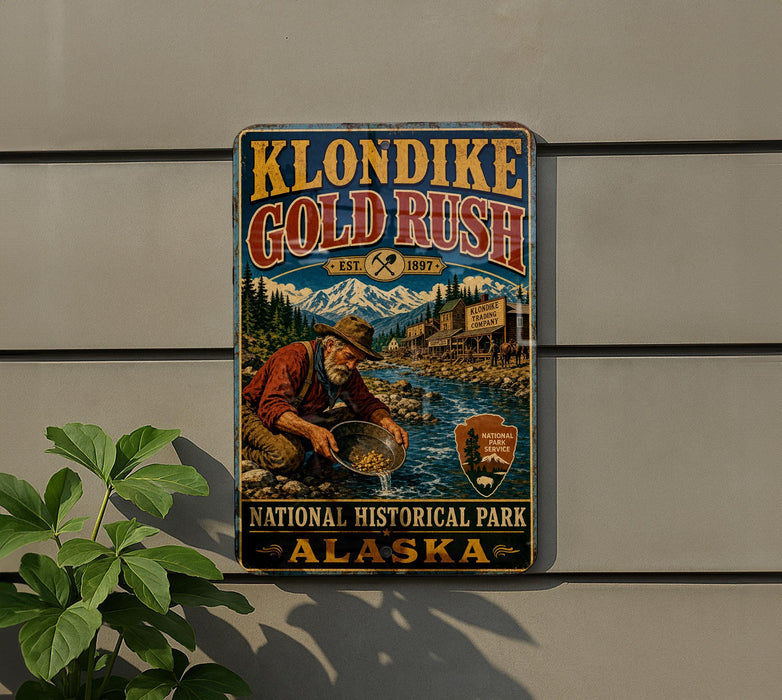 A vintage-style metal sign for Klondike Gold Rush National Historical Park in Alaska, featuring an illustration of a man panning for gold in a river.