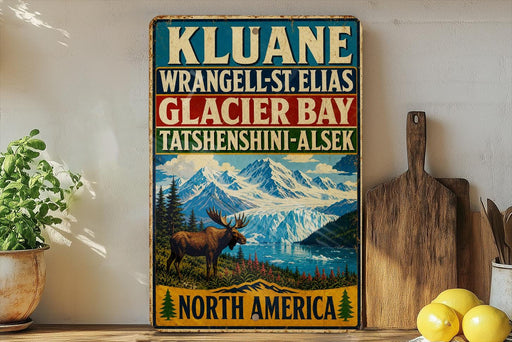 A vintage-style sign for Kluane, Wrangell-St. Elias, Glacier Bay, Tatshenshini-Alsek, and North America, featuring a moose in a scenic landscape.