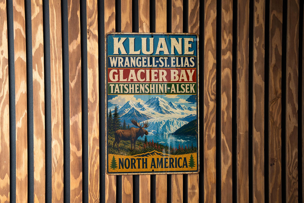 A vintage-style metal sign with text and an illustration of a moose in front of a mountain landscape, mounted on a wooden wall.