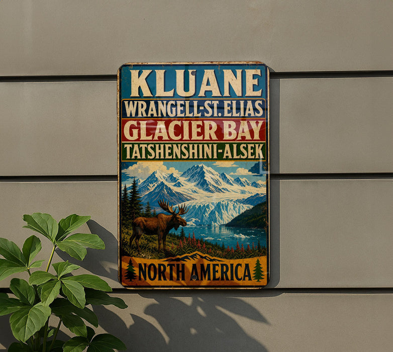 A metal sign with text and a picture of a moose in a mountainous landscape, mounted on a wall.