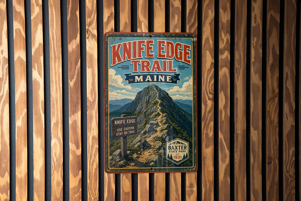 A vintage metal sign for Knife Edge Trail in Maine, featuring a mountain landscape and trail information.