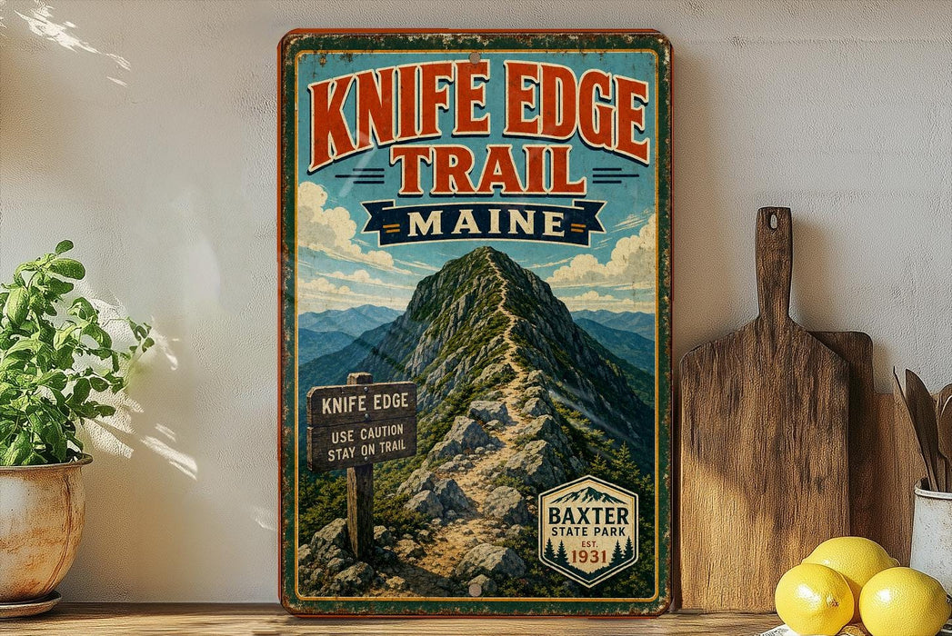 A vintage-style metal sign for Knife Edge Trail in Maine, featuring a mountain landscape and trail markings.
