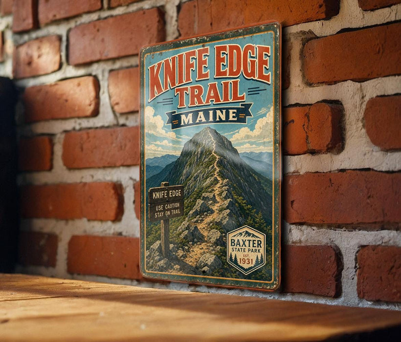 A vintage metal sign for the Knife Edge Trail in Maine, featuring a mountain landscape and trail marker.