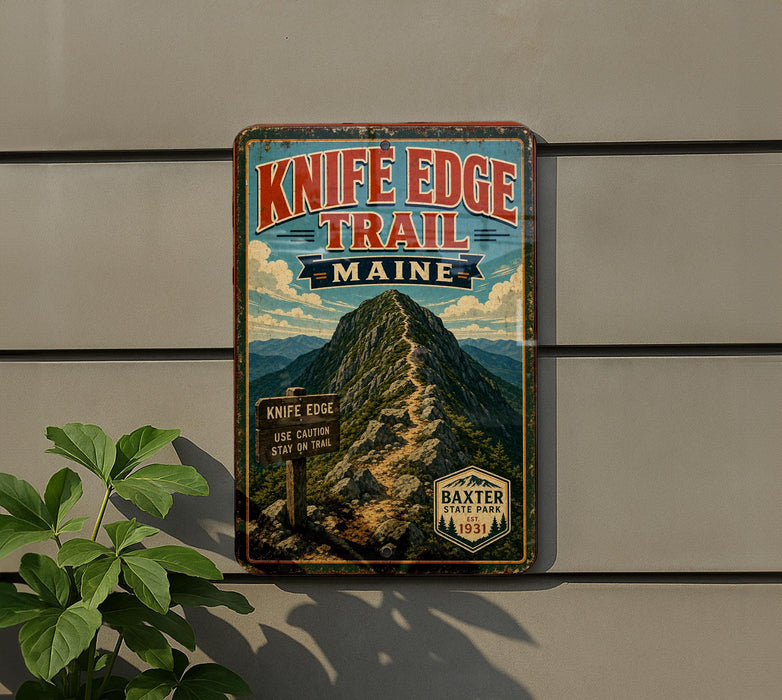 A vintage metal sign for Knife Edge Trail in Maine, featuring a mountain landscape and trail information.