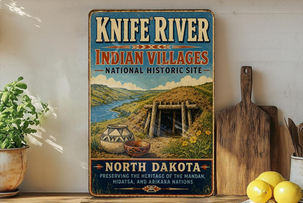 A vintage-style sign for Knife River Indian villages, featuring a scenic illustration of the area with a river, mountains, and traditional Native American pottery.