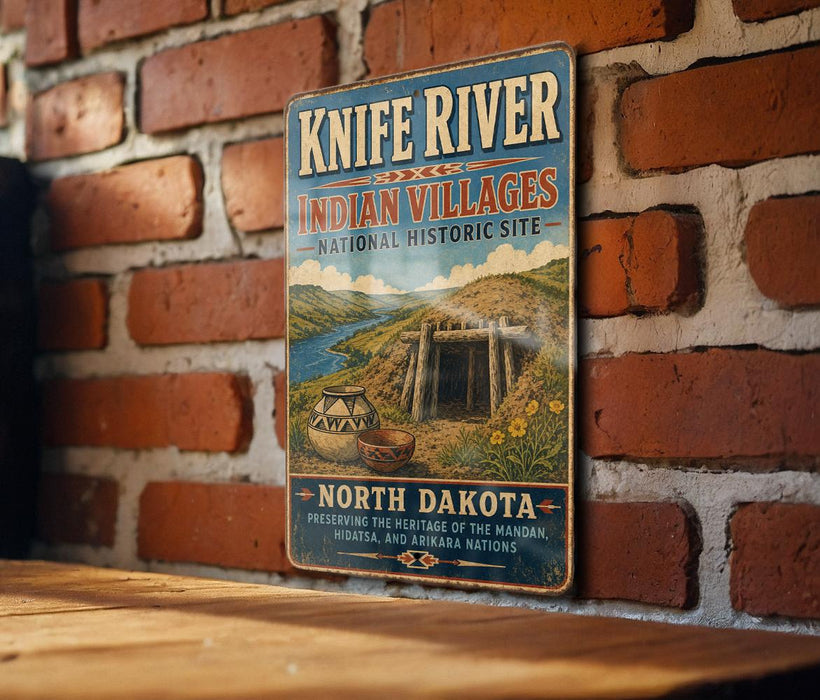 A vintage-style sign for the Knife River Indian villages, the National Historic Site in North Dakota, and the Heritage of the MANDAN, Hidasa, and Hidasa Nations.