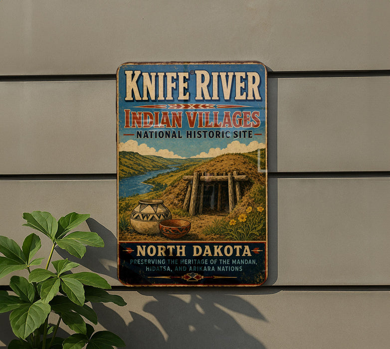 A vintage-style sign for Knife River Indian villages, the National Historic Site, and North Dakota, with a scenic illustration of a Native American village and a river.
