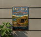 A vintage-style sign for Knife River Indian villages, the National Historic Site, and North Dakota, with a scenic illustration of a Native American village and a river.