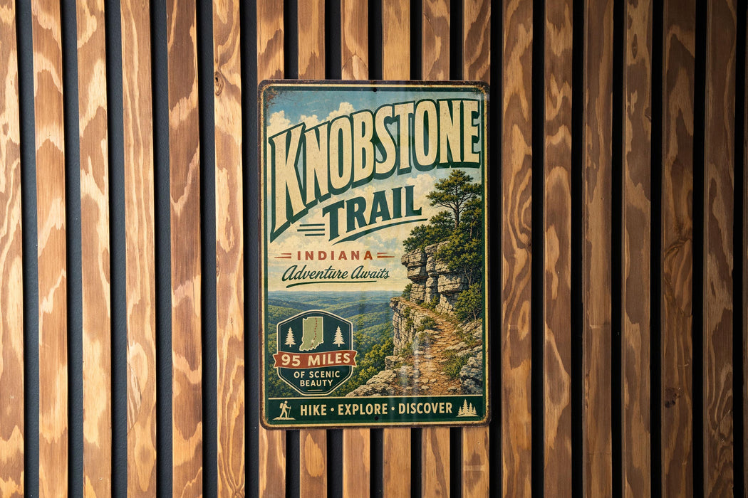 A vintage-style metal sign for Knobstone Trail in Indiana, featuring a scenic mountain landscape and hiking trail information.