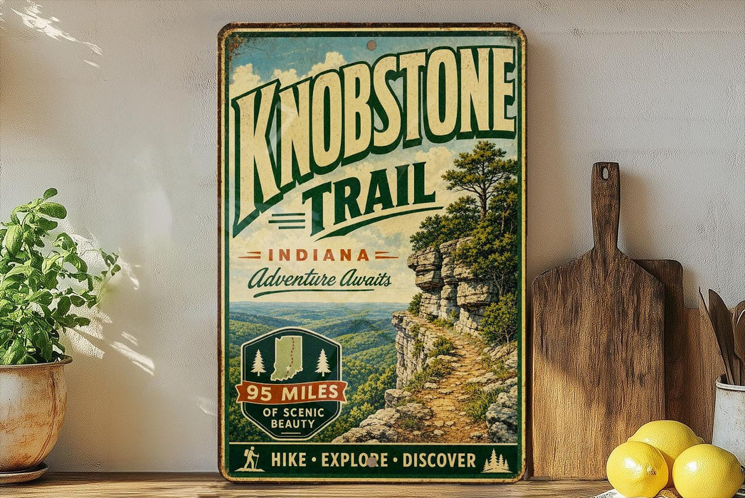 A vintage-style sign for Knobstone Trail in Indiana, featuring a scenic mountain landscape with a trail leading up to a cliff.