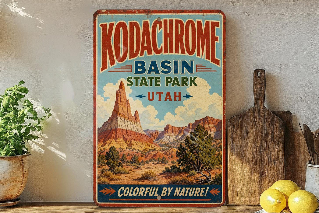 A vintage-style sign for Kodachrome Basin State Park in Utah, featuring a colorful illustration of the park's landscape.