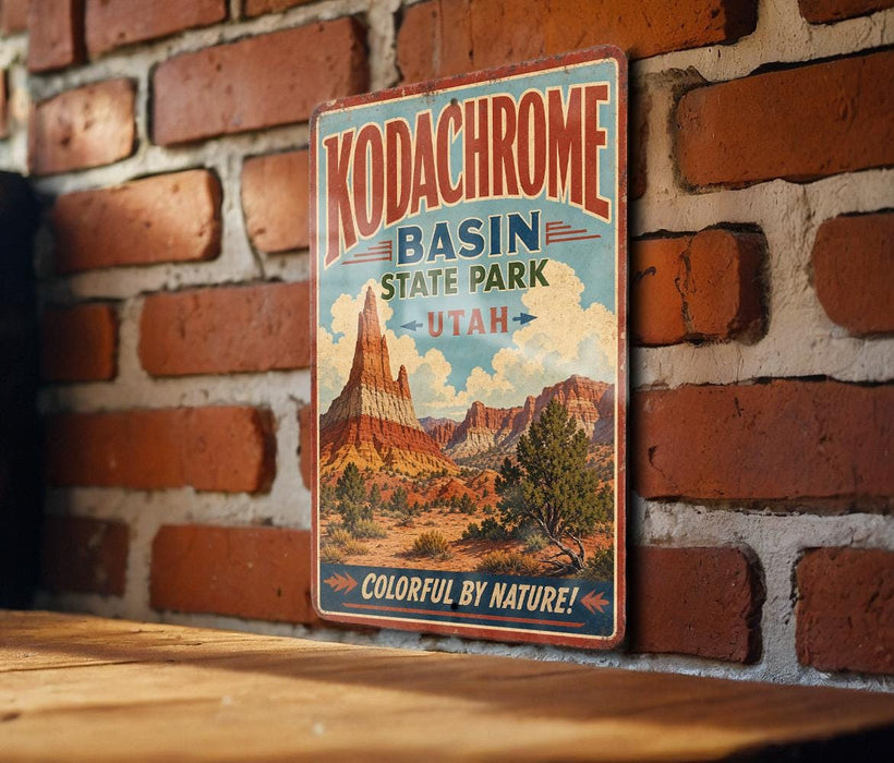 A vintage-style sign for Kodachrome Basin State Park in Utah, featuring a scenic image of the park's natural landscape.