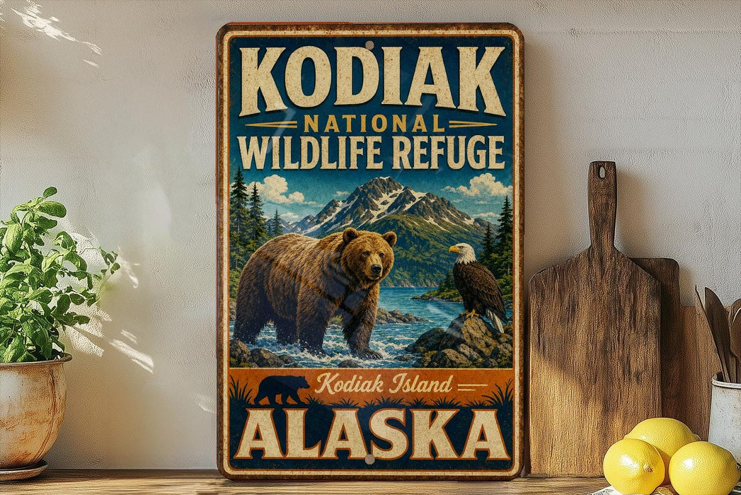 A vintage-style sign for the Kodiak National Wildlife Refuge in Alaska, featuring a bear and an eagle in a mountainous landscape.