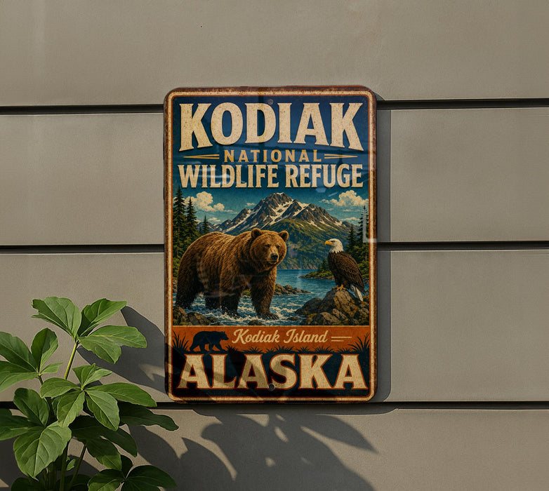 A vintage-style metal sign for the Kodiak National Wildlife Refuge in Alaska, featuring a bear and an eagle in a scenic landscape.