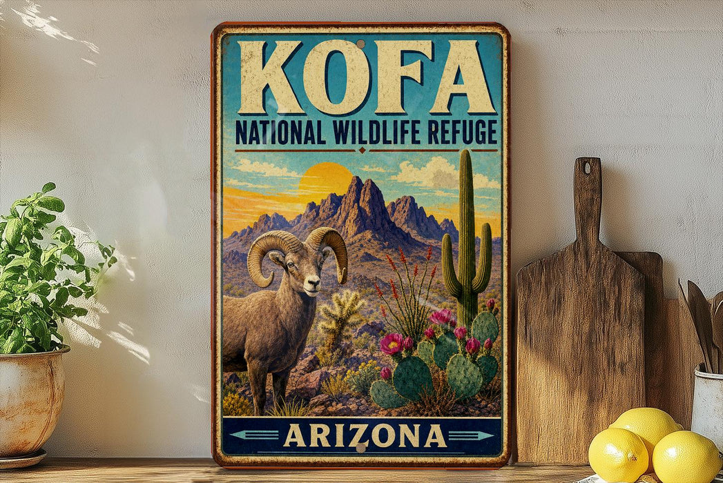 A vintage-style metal sign for the Kofa National Wildlife Refuge in Arizona, featuring a mountain landscape with a goat and cactus in the foreground.