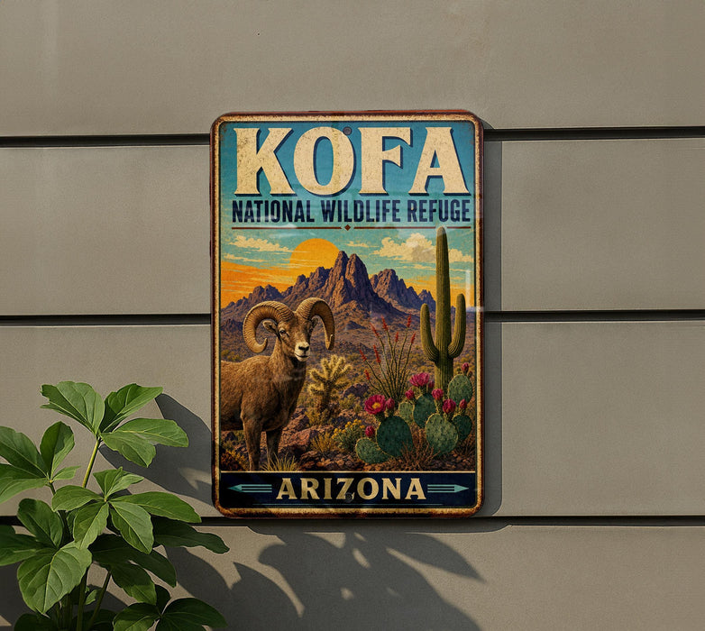 A metal sign with a vintage-style illustration of a bighorn sheep and desert landscape, mounted on a wall.