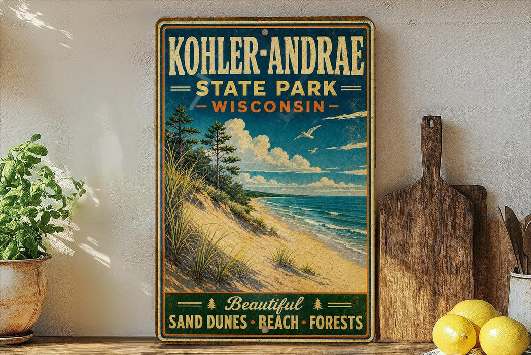 A vintage-style sign for Kohler-Andrae State Park in Wisconsin, featuring a beach scene with sand dunes, trees, and a blue sky with clouds.
