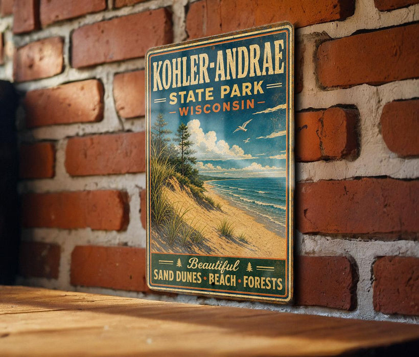 A vintage-style metal sign for Kohler-Andrae State Park in Wisconsin, featuring a scenic beach and dunes landscape.