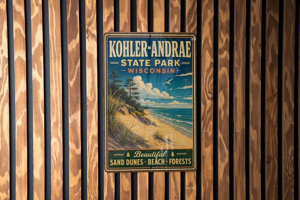A vintage-style metal sign for Kohler-Andrae State Park in Wisconsin, featuring a scenic beach landscape with sand dunes and a blue sky with clouds.