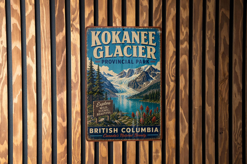 A vintage metal sign for the KokANEEE Glacier Provincial Park in British Columbia, Canada, featuring a scenic mountain landscape.