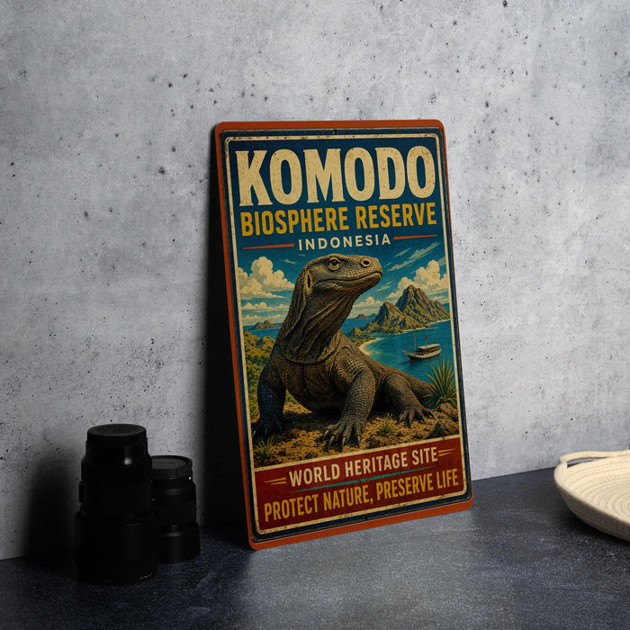 A vintage-style sign for Komodo Biosphere Reserve, Indonesia, featuring an illustration of a Komodo dragon and the text "WORLD HERITAGE SITE PROTECT NATURE, PRESERVE LIFE".