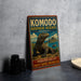A vintage-style sign for Komodo Biosphere Reserve, Indonesia, featuring an illustration of a Komodo dragon and the text "WORLD HERITAGE SITE PROTECT NATURE, PRESERVE LIFE".