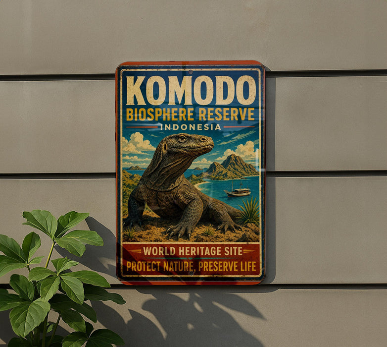 a sign for Komodo Island, Indonesia, which is a World Heritage Site. The sign displays a large illustration of a Komodo lizard and includes text that describes the island as a "World Heritage Site" and a "Protected Nature Area".