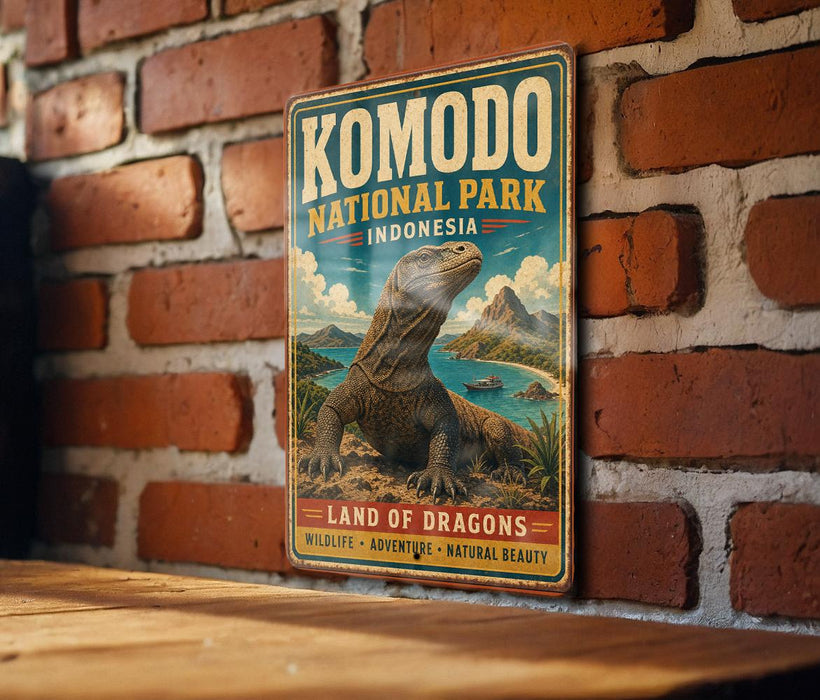 A vintage-style metal sign for Komodo National Park in Indonesia, featuring an illustration of a Komodo dragon.