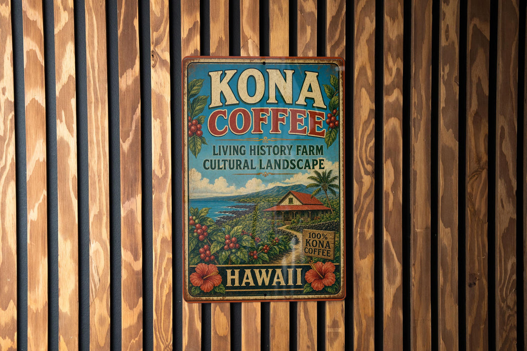 A vintage Kona Coffee sign is displayed on a wooden wall, featuring a tropical landscape with a house, palm trees, and coffee plants.