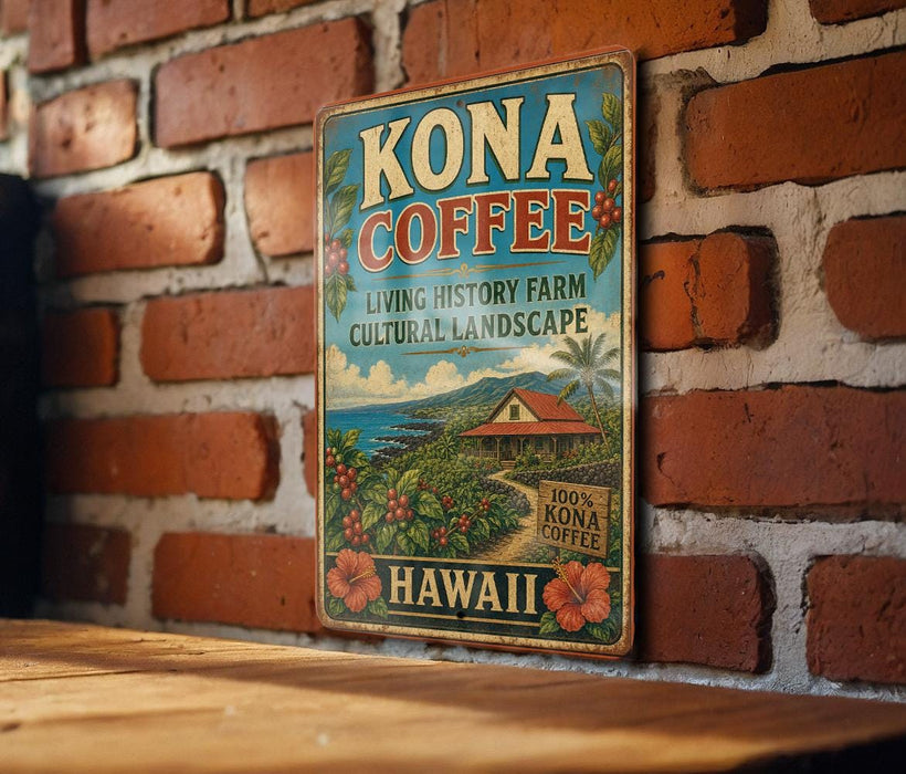 A vintage-style metal sign for Kona Coffee, featuring a tropical landscape with a house, palm trees, and coffee plants, mounted on a brick wall.
