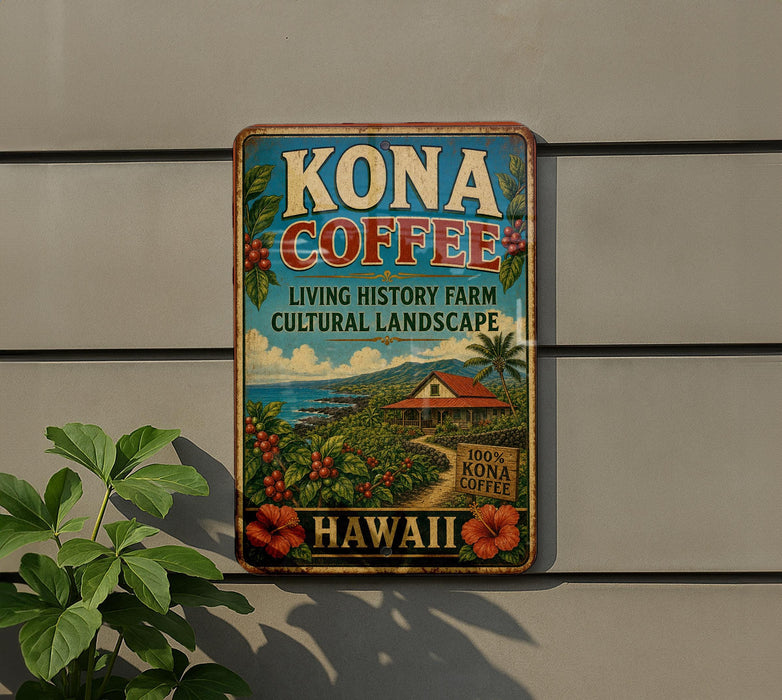 A vintage-style metal sign for Kona Coffee, featuring a tropical landscape with a house, palm trees, and coffee plants, mounted on a wall.