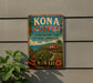 A vintage-style metal sign for Kona Coffee, featuring a tropical landscape with a house, palm trees, and coffee plants, mounted on a wall.