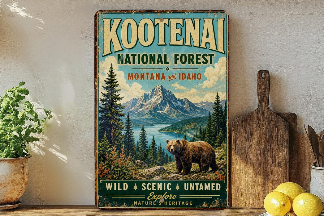A vintage-style metal sign for Kootenai National Forest, Montana and Idaho, featuring a scenic image of a bear in the foreground with mountains and a lake in the background.