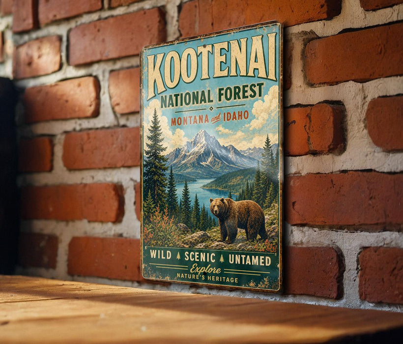 A vintage-style metal sign for Kootenai National Forest in Montana and Idaho, featuring a scenic image of a bear in the foreground with mountains and trees in the background.