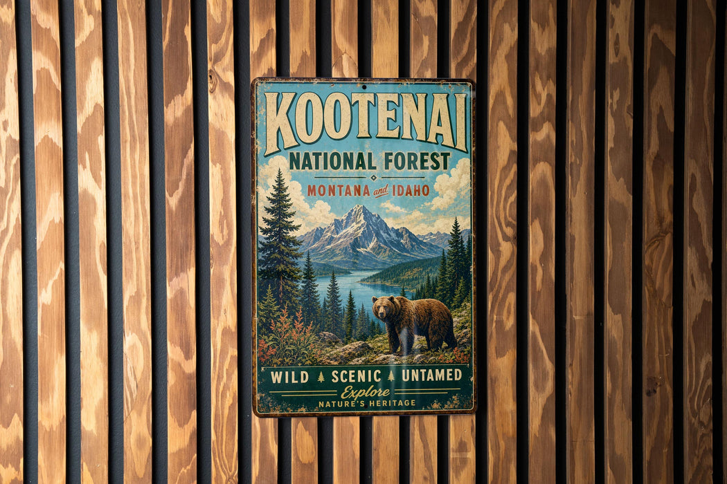 A vintage metal sign for Kootenai National Forest in Montana and Idaho, featuring a scenic image of a bear in the wilderness.