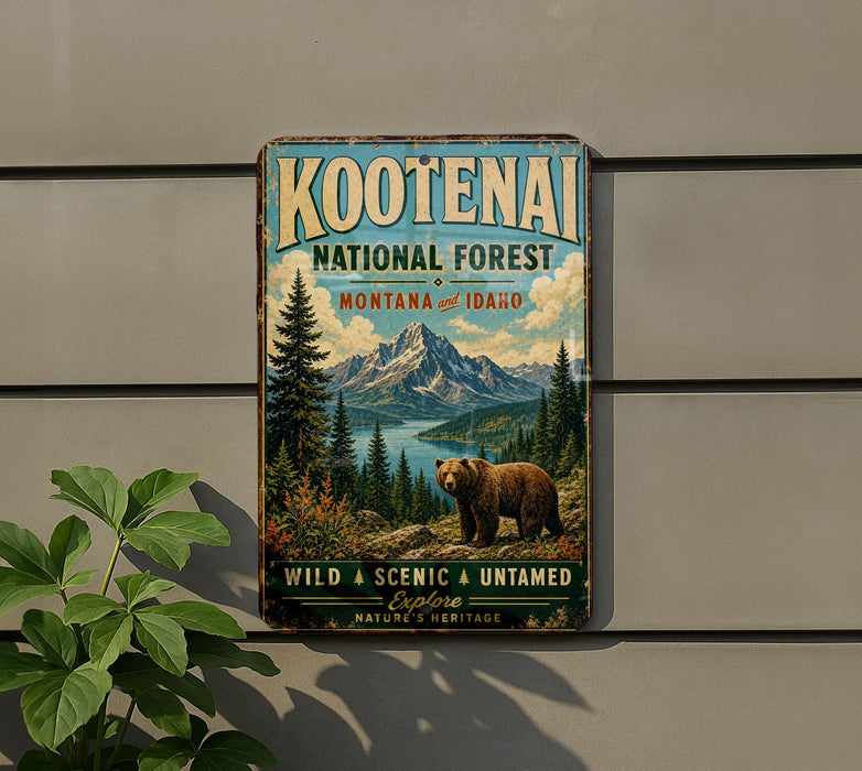 A vintage-style metal sign for Kootenai National Forest in Montana and Idaho, featuring a scenic image of a bear in the foreground and mountains in the background.