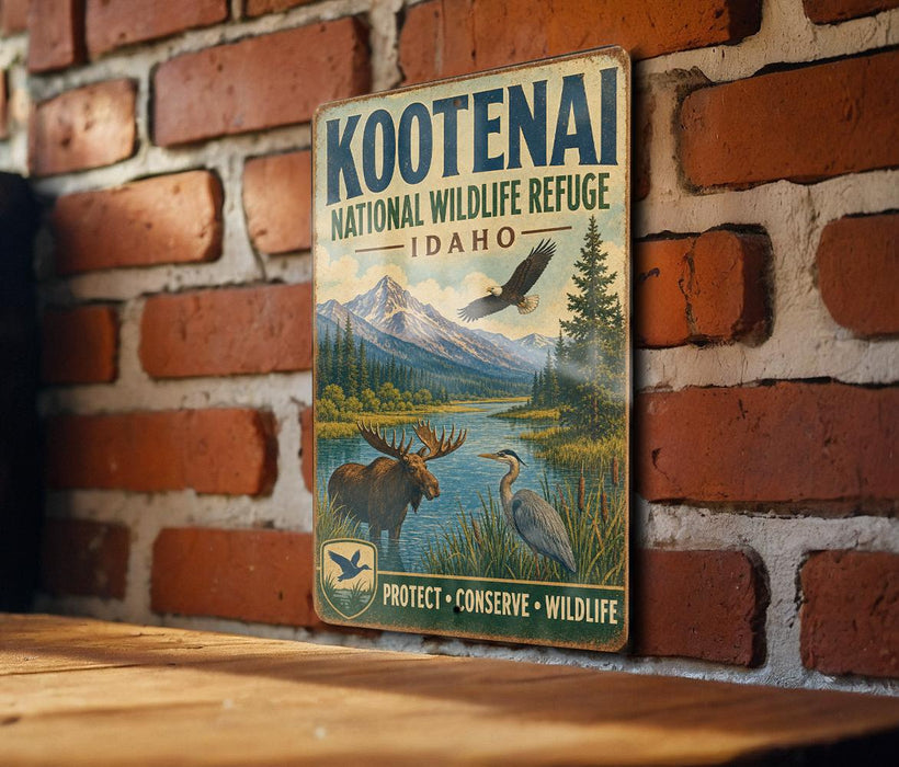 A vintage-style metal sign for the Kootenai National Wildlife Refuge in Idaho, featuring an illustration of wildlife in a natural setting.