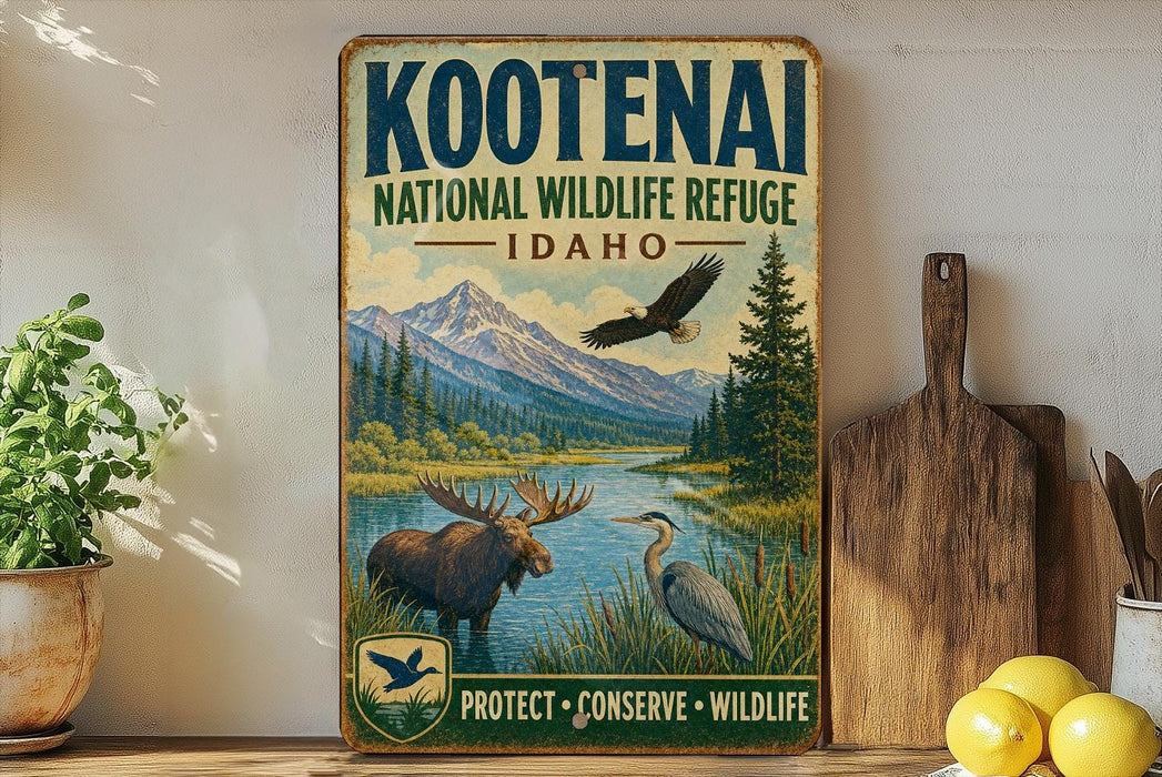 A vintage-style sign for the Kootenai National Wildlife Refuge in Idaho, featuring an illustration of moose, eagle, and other wildlife in a scenic landscape.