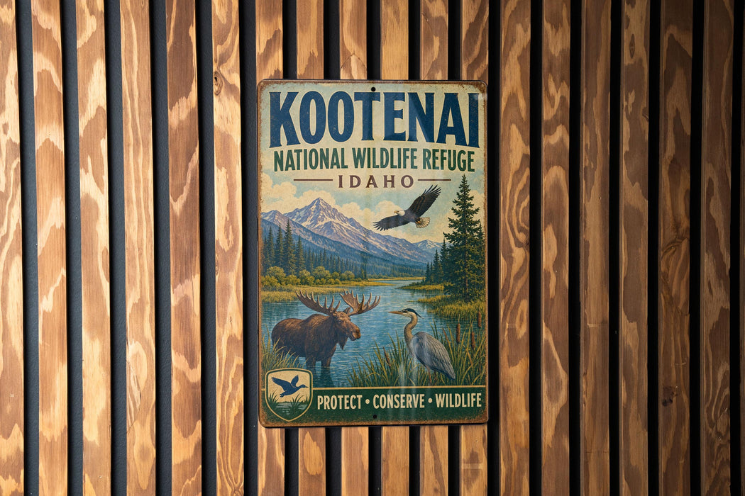 A vintage metal sign for the Kootenai National Wildlife Refuge in Idaho, featuring an illustration of moose, eagle, and other wildlife in a scenic landscape.