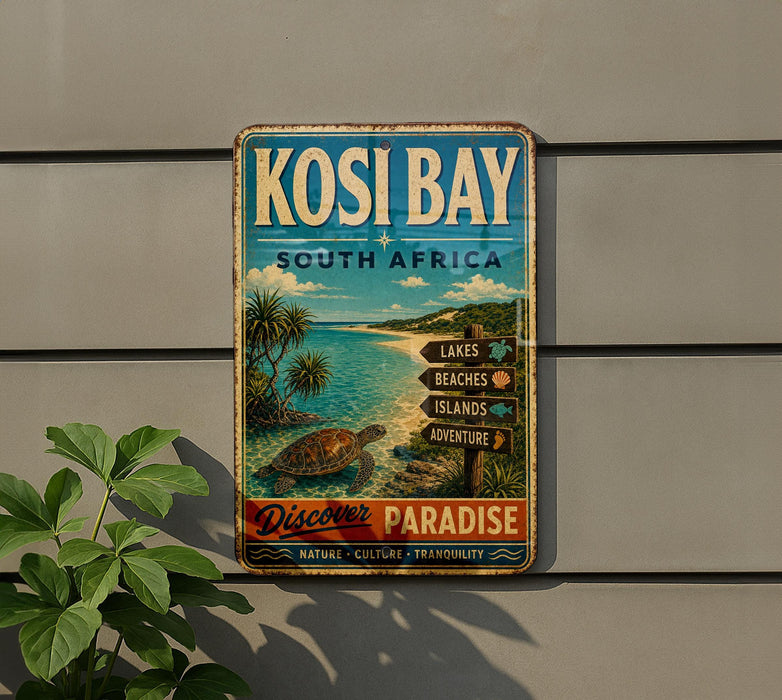 A vintage metal sign for Kosi Bay, South Africa, featuring a beach scene with palm trees and a turtle, along with directional signs for various attractions.
