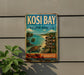 A vintage metal sign for Kosi Bay, South Africa, featuring a beach scene with palm trees and a turtle, along with directional signs for various attractions.