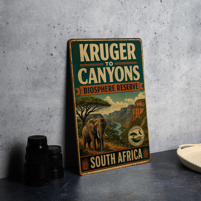 A vintage-style sign for Kruger to Canyons Biosphere Reserve in South Africa, featuring an illustration of an elephant and a scenic landscape.