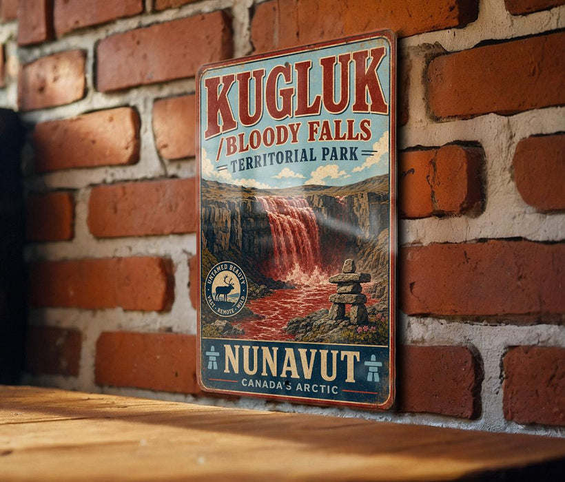 A vintage-style metal sign for Kugluk/Bloody Falls, located in Territorial Park, Nunavut, Canada, is displayed on a brick wall.