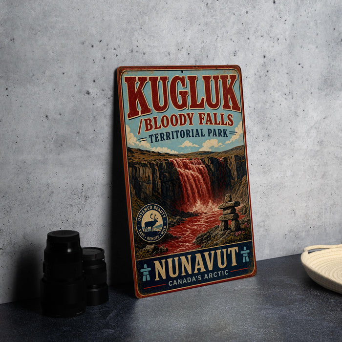 A vintage-style sign advertising Kugluk / Bloody Falls in Territorial Park, Nunavut, Canada.