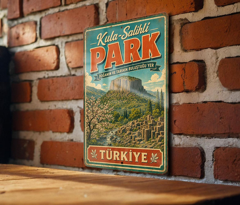 A vintage-style metal sign with the text "Kula-Salihli PARK" and "TÜRKIVEE" hangs on a brick wall.
